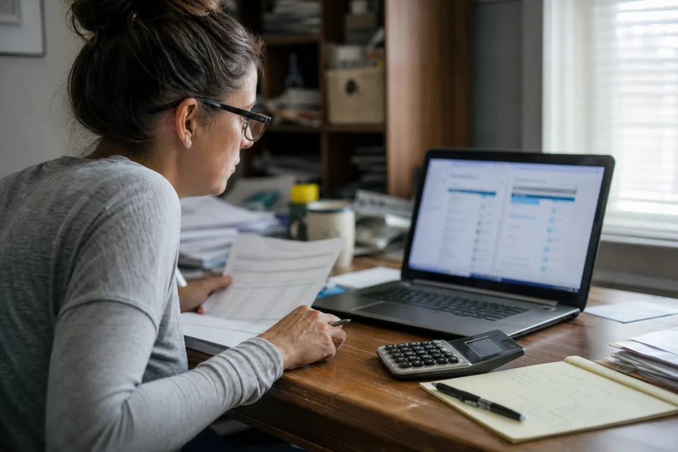 Bookkeeper comparing two converter price plans on a laptop next to a printed bank statement