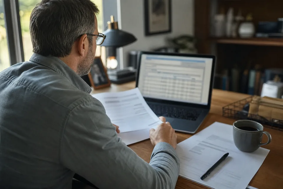 Home office desk with a laptop showing a personal finance register next to printed bank statements