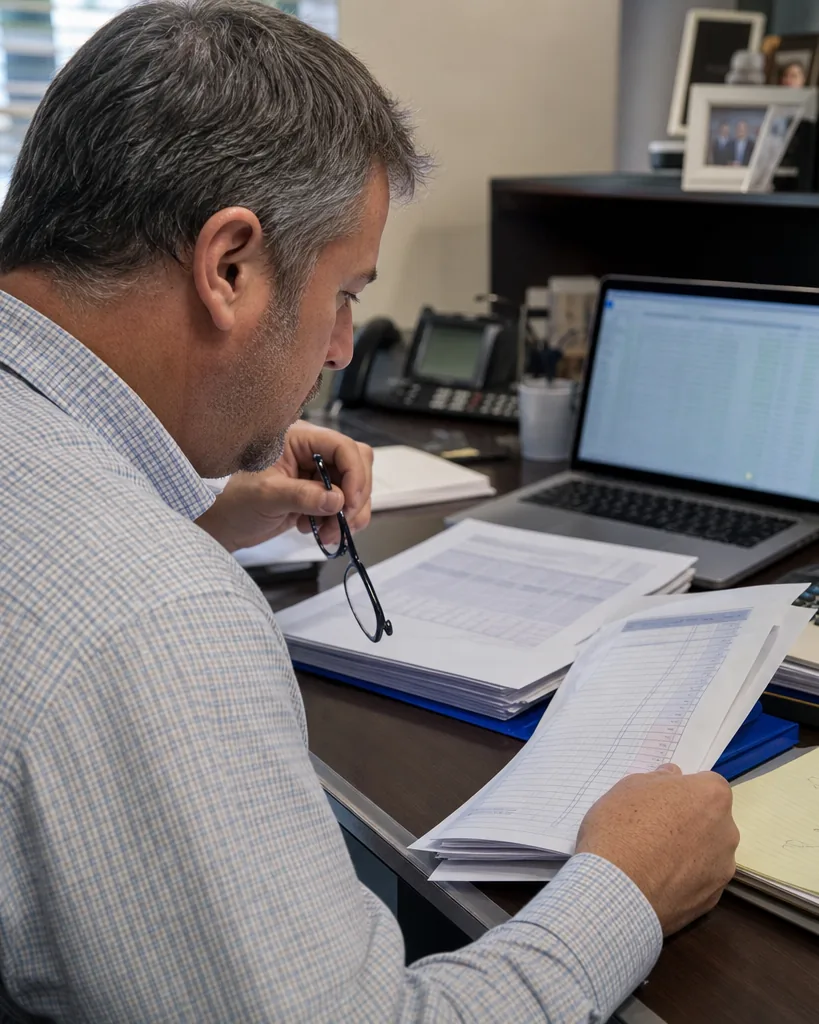 Accountant comparing two printed software price sheets next to a laptop and a folder of bank statements