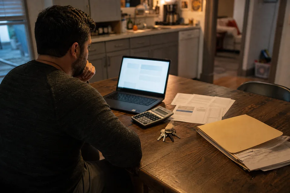 Landlord comparing property management software plans on a laptop next to leases and a bank statement