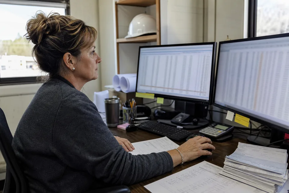 Construction company controller reconciling a bank account at a desk with blueprints and a hard hat behind her