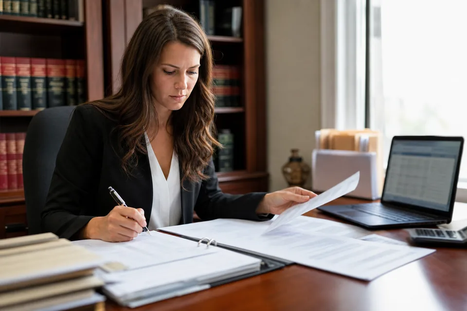 Legal bookkeeper reconciling a law firm trust account from printed bank statements and a spreadsheet