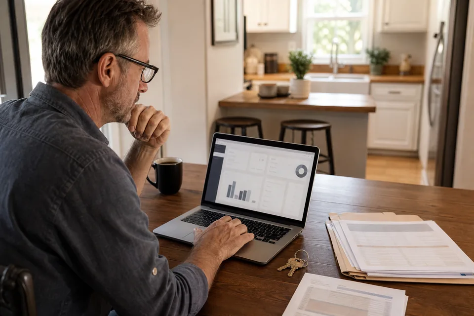 Landlord comparing property management software plans on a laptop at a kitchen table with leases and a bank statement
