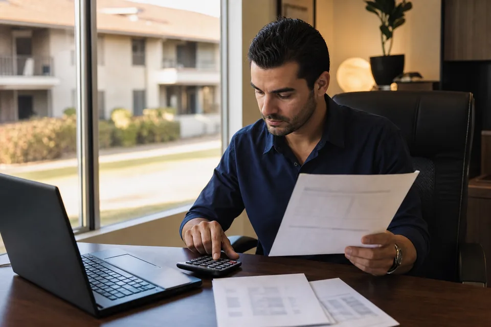 Property manager comparing software subscription costs on a laptop next to a rent roll and a bank statement